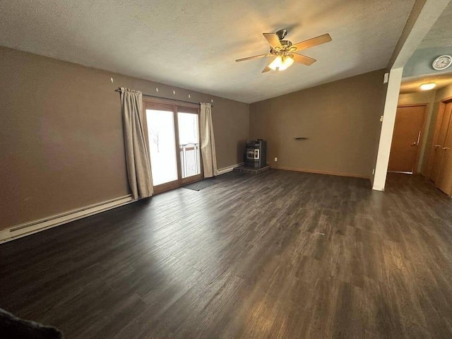 unfurnished living room with a textured ceiling, ceiling fan, a baseboard radiator, and dark hardwood / wood-style floors