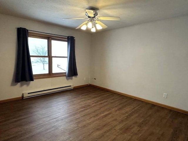 empty room with dark hardwood / wood-style floors, ceiling fan, and a baseboard radiator