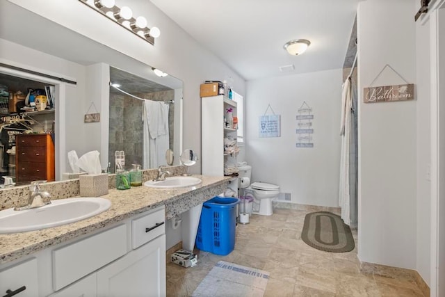 bathroom featuring toilet, vanity, and a shower with shower curtain