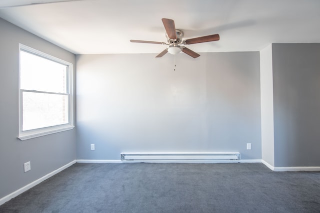 empty room featuring ceiling fan, dark carpet, and a baseboard heating unit