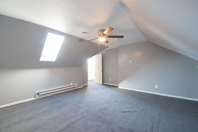 bonus room featuring vaulted ceiling with skylight, ceiling fan, dark carpet, and a baseboard radiator