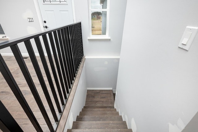 staircase with hardwood / wood-style floors