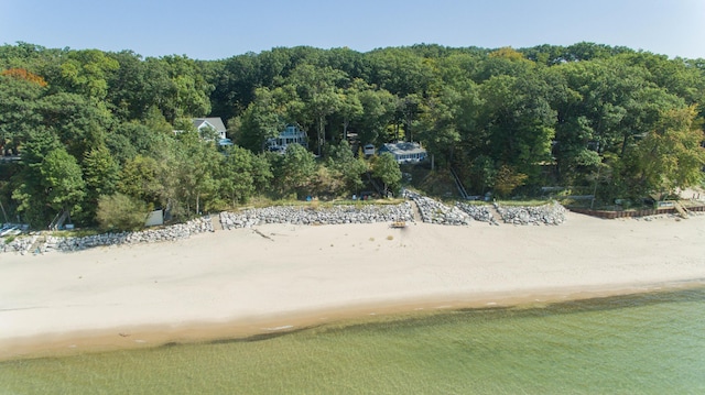 view of property's community with a water view and a beach view