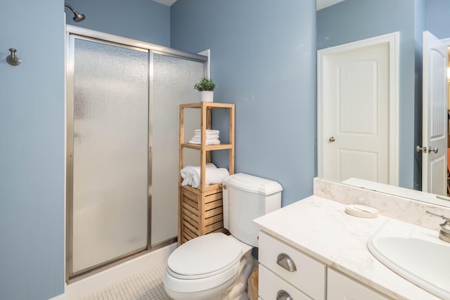 full bath with toilet, a shower stall, and vanity