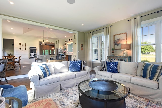 living room with plenty of natural light and wood-type flooring