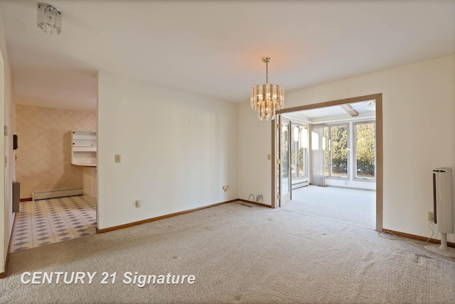 carpeted spare room with baseboard heating, heating unit, and a notable chandelier