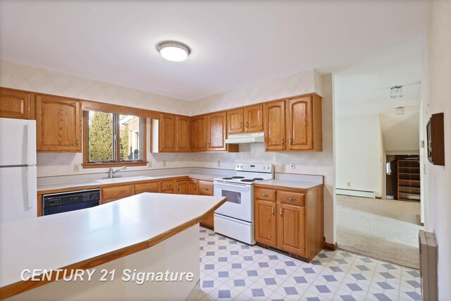 kitchen with sink, white appliances, and a baseboard heating unit