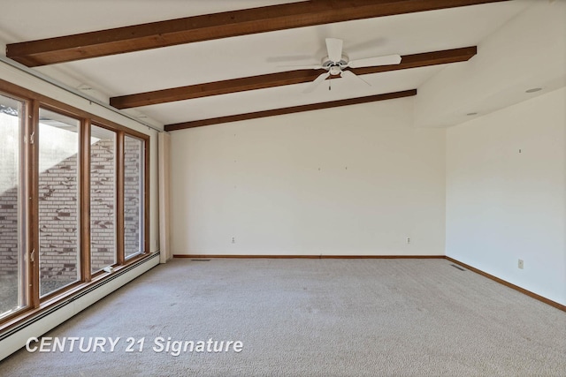 carpeted spare room with vaulted ceiling with beams, plenty of natural light, and a baseboard heating unit