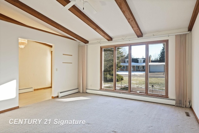 carpeted empty room with lofted ceiling with beams, a wealth of natural light, and a baseboard radiator