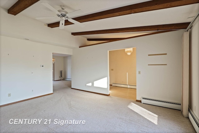 carpeted empty room with ceiling fan with notable chandelier, lofted ceiling with beams, and a baseboard radiator