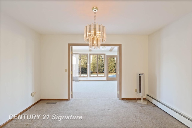 unfurnished room featuring carpet flooring, a baseboard radiator, and an inviting chandelier