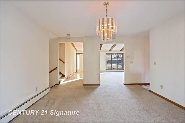 carpeted spare room with beam ceiling, a chandelier, and a baseboard radiator