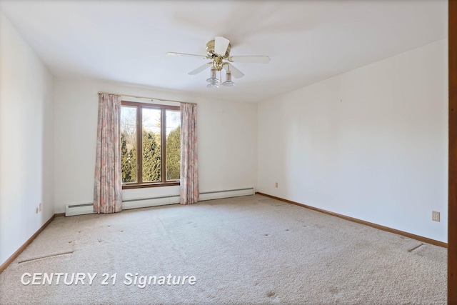 unfurnished room featuring light carpet, ceiling fan, and a baseboard heating unit