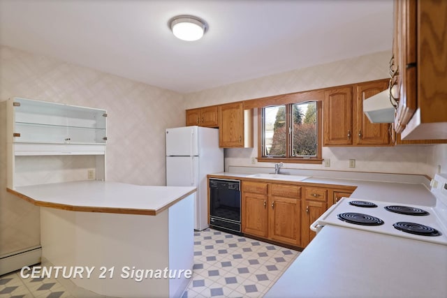 kitchen with white appliances, exhaust hood, a baseboard heating unit, sink, and kitchen peninsula