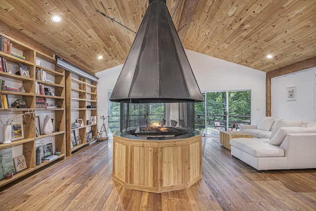 home office with lofted ceiling, wood-type flooring, and wooden ceiling