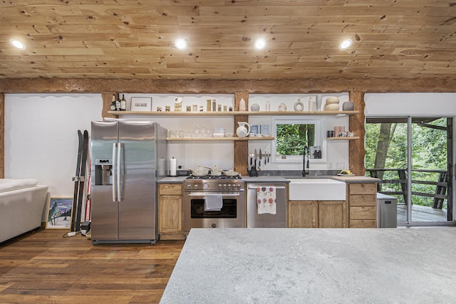 kitchen featuring dark hardwood / wood-style floors, sink, wooden ceiling, and stainless steel appliances