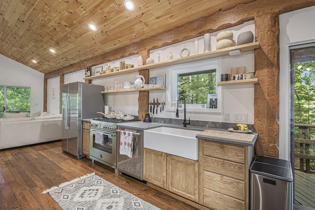 kitchen featuring dark hardwood / wood-style flooring, wood ceiling, lofted ceiling, and sink