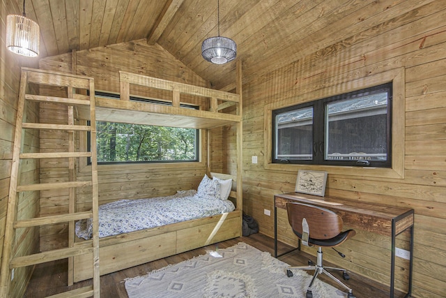 unfurnished bedroom featuring wood-type flooring, lofted ceiling, wooden ceiling, and wood walls