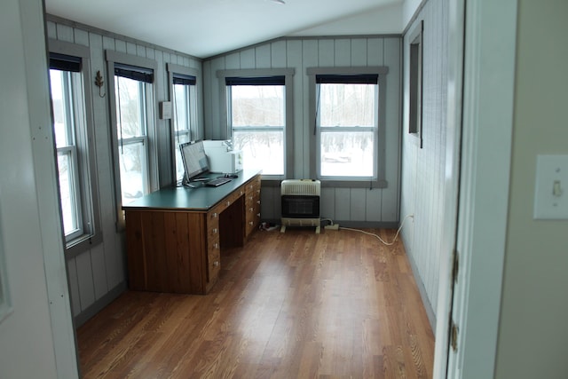 8142 W 32nd Rd, Harrietta, MI 49638 - office area featuring wood finished floors, vaulted ceiling, and heating unit