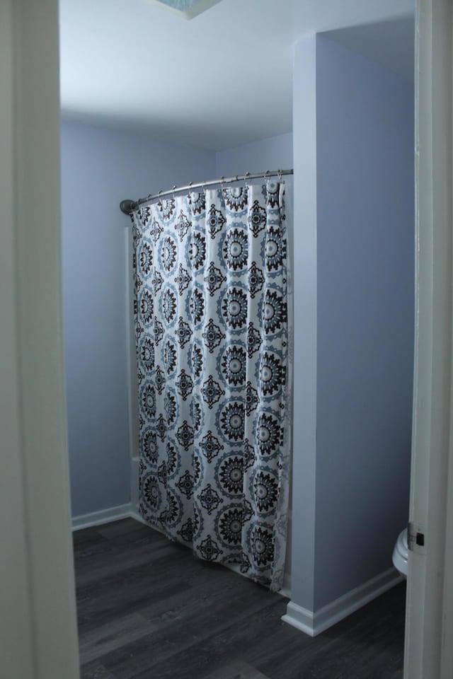 8142 W 32nd Rd, Harrietta, MI 49638 - full bathroom with wood finished floors, toilet, curtained shower, and baseboards