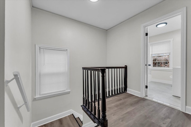 stairway with hardwood / wood-style floors