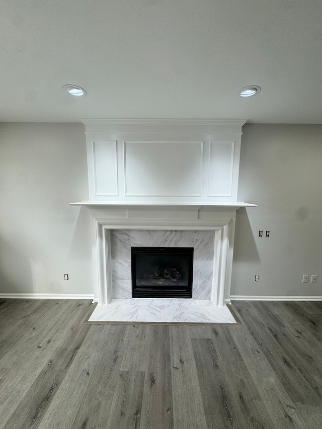 room details with hardwood / wood-style floors and a premium fireplace