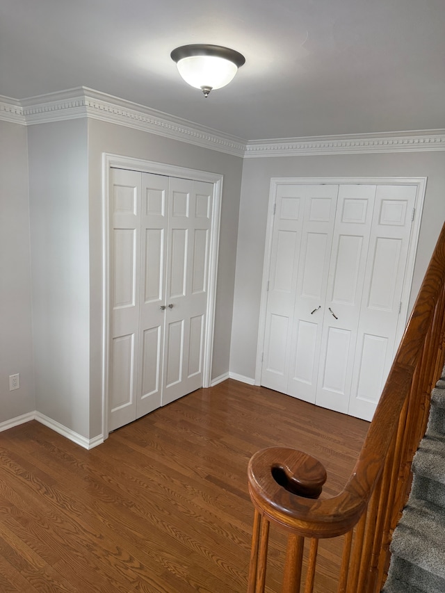 interior space featuring dark hardwood / wood-style floors and ornamental molding