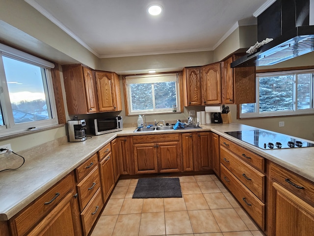 kitchen with black electric cooktop, wall chimney exhaust hood, light tile patterned floors, and ornamental molding