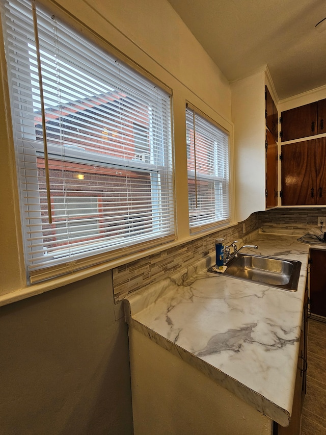 interior space with tasteful backsplash, sink, and crown molding