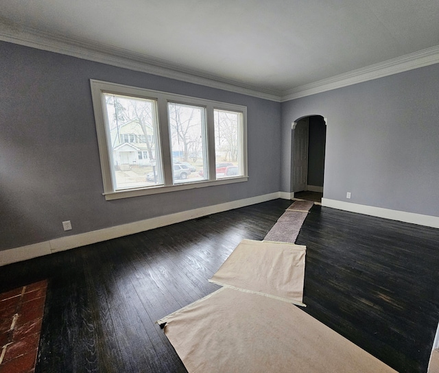 spare room featuring crown molding and dark hardwood / wood-style floors