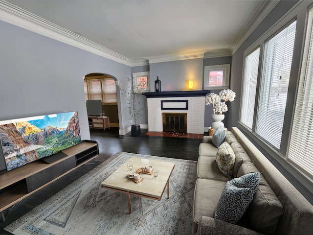 living room featuring a fireplace, ornamental molding, and dark hardwood / wood-style floors