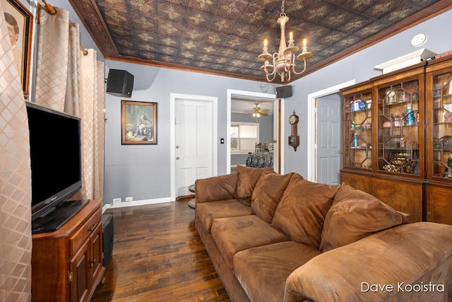 living room with brick ceiling, ornamental molding, a notable chandelier, and dark hardwood / wood-style floors