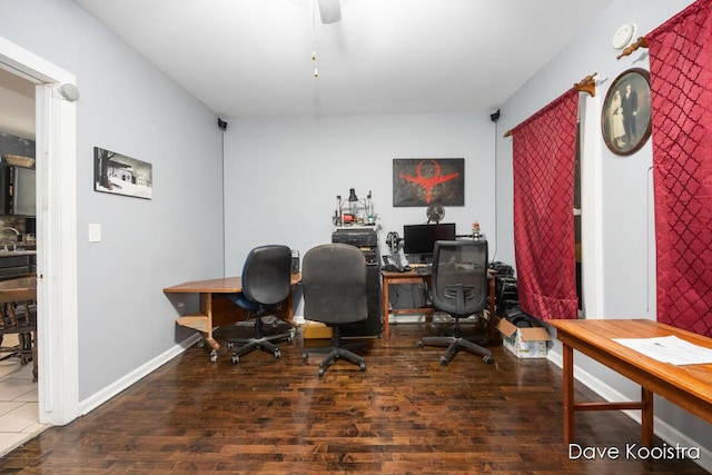 office space featuring dark wood-type flooring and ceiling fan