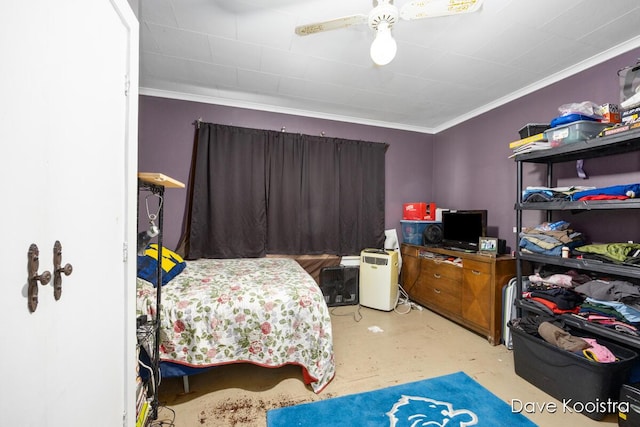 bedroom featuring ceiling fan and ornamental molding