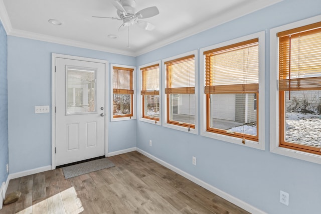 interior space with light hardwood / wood-style floors, crown molding, and ceiling fan