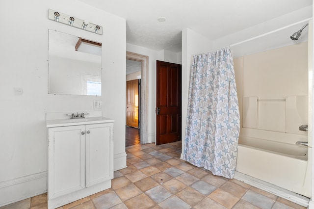 bathroom featuring shower / bath combination with curtain and vanity