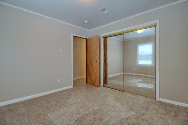 unfurnished bedroom featuring ornamental molding, a closet, and light carpet