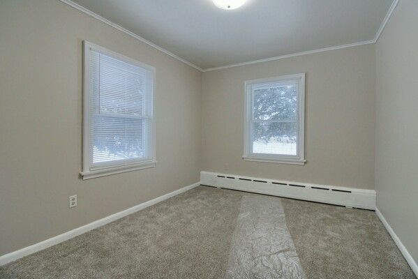 carpeted empty room featuring a baseboard heating unit, ornamental molding, and plenty of natural light