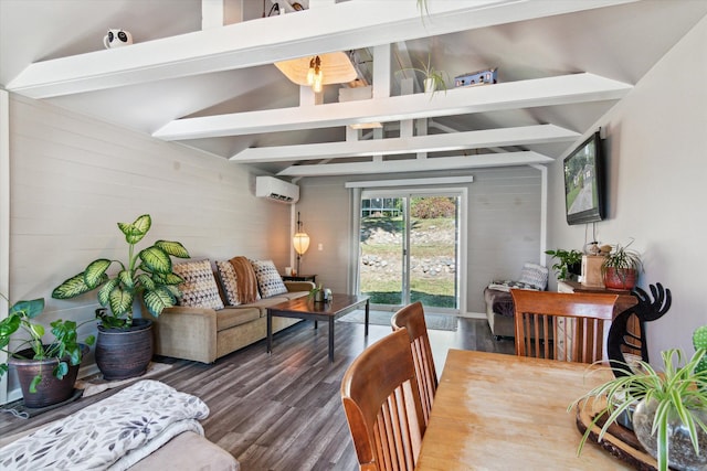 living room with dark hardwood / wood-style flooring, a wall unit AC, and vaulted ceiling with beams