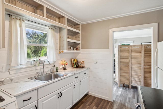 kitchen featuring dark wood-type flooring, white cabinetry, light stone counters, and sink