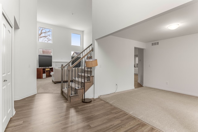 interior space featuring carpet and a high ceiling