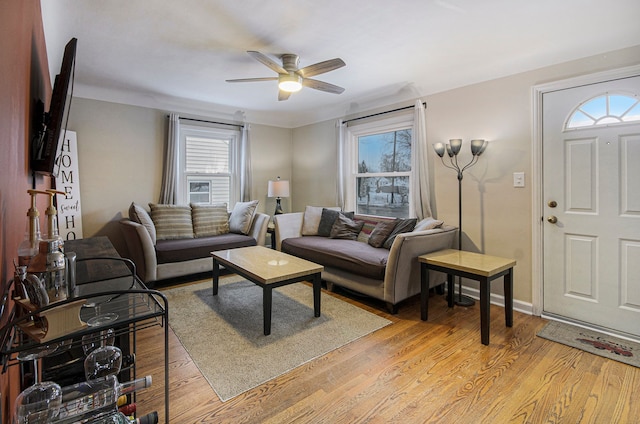 living room featuring ceiling fan and light wood-type flooring