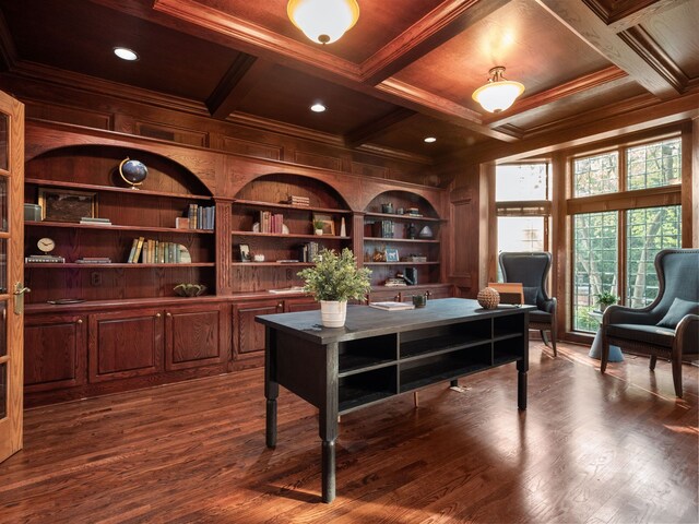 home office featuring dark wood-type flooring, wood walls, built in shelves, wooden ceiling, and coffered ceiling