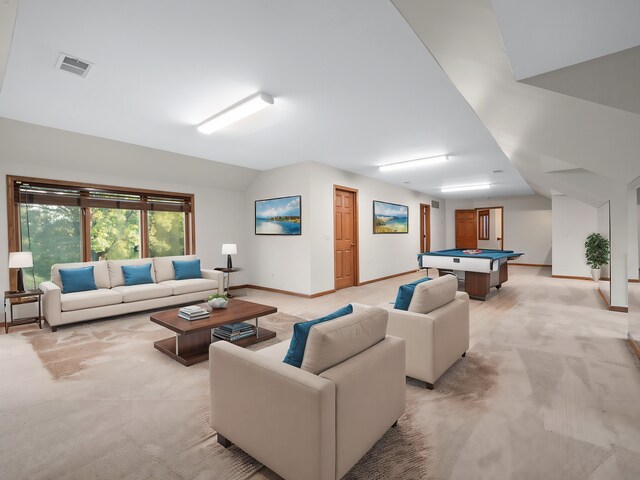 interior space featuring pool table, vaulted ceiling, and light carpet