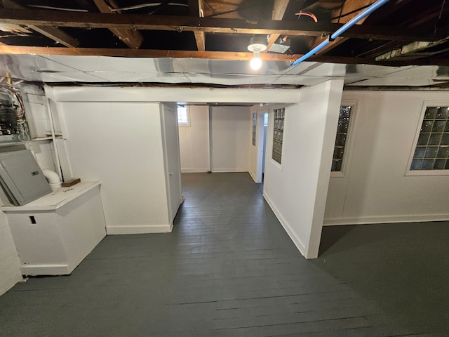 basement featuring dark hardwood / wood-style flooring