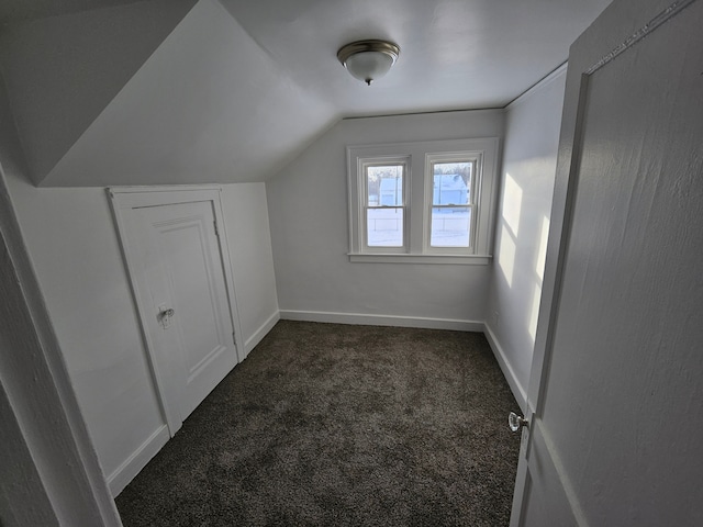 additional living space featuring lofted ceiling and dark colored carpet