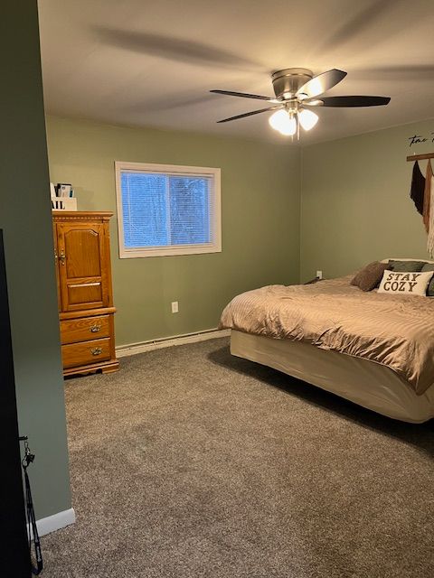 bedroom featuring carpet flooring, ceiling fan, and a baseboard radiator