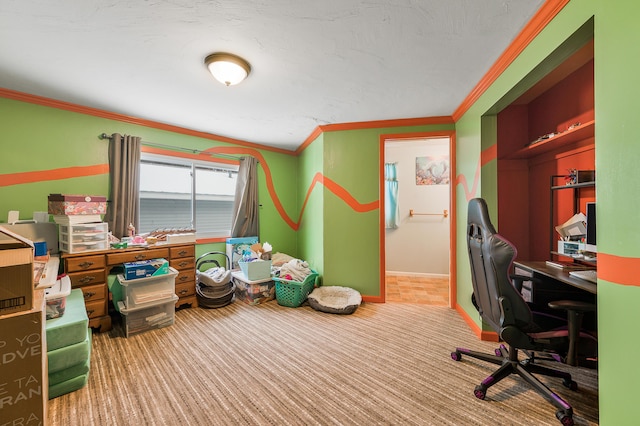 office with carpet flooring and ornamental molding