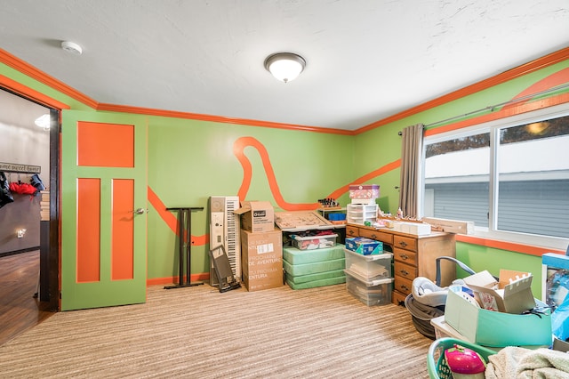 recreation room featuring light carpet and ornamental molding