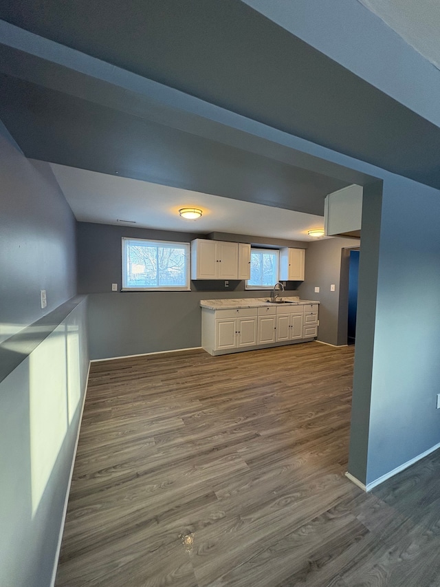 kitchen with white cabinets, sink, and dark wood-type flooring